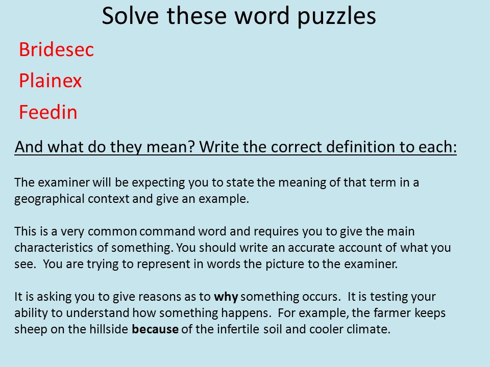 Solve these word puzzles Bridesec Plainex Feedin And what do they mean.