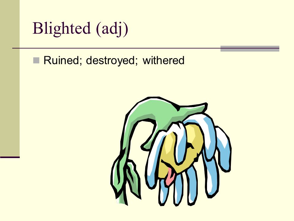 Blighted (adj) Ruined; destroyed; withered