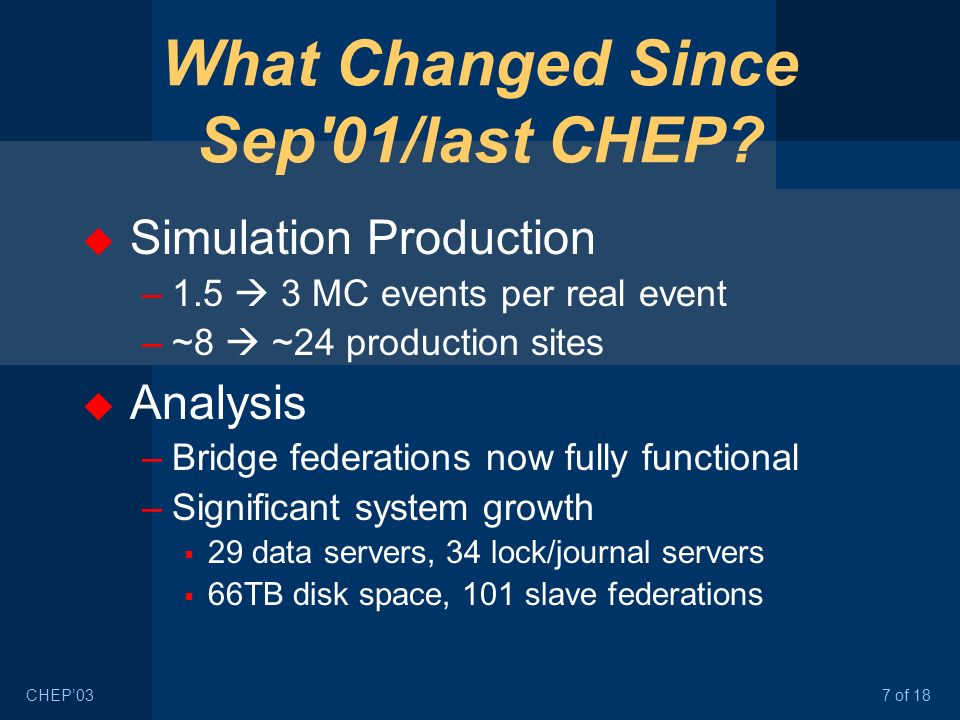 7 of 18CHEP’03 What Changed Since Sep 01/last CHEP.