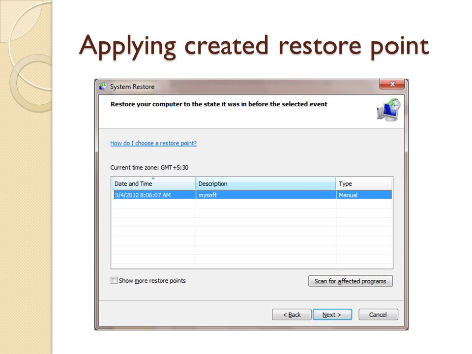 Applying created restore point