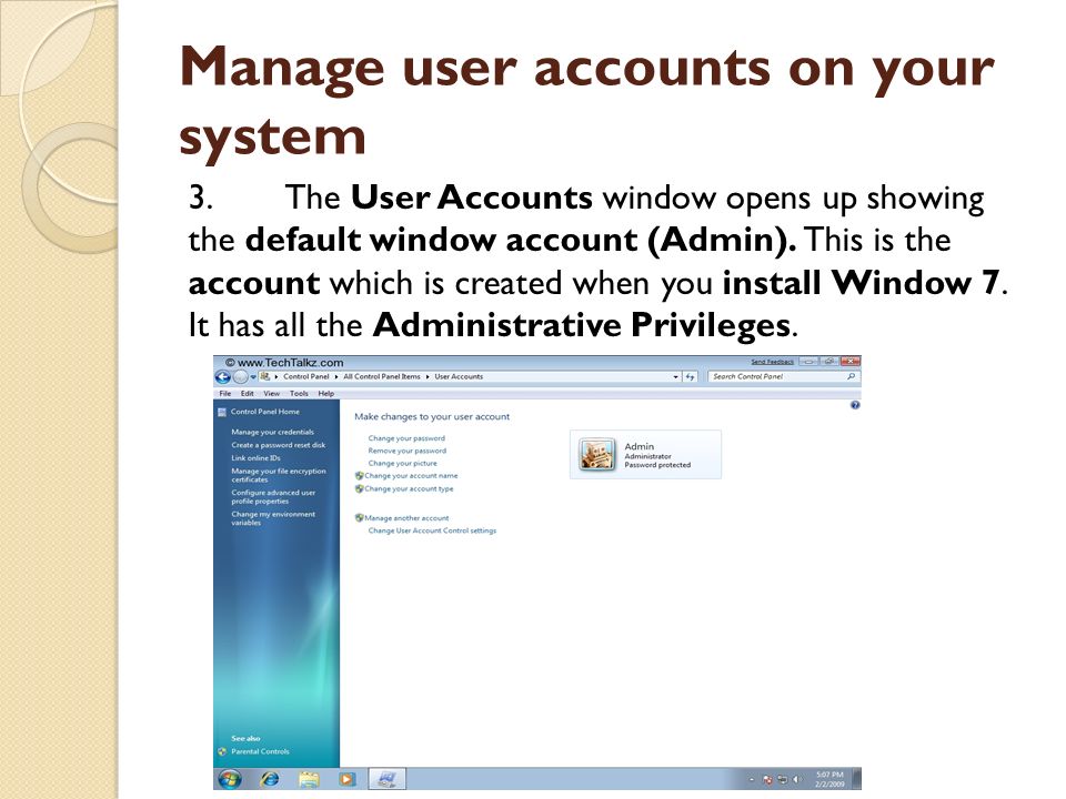 3. The User Accounts window opens up showing the default window account (Admin).