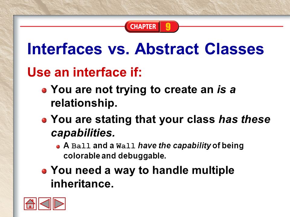 Interfaces Chapter 9. 9 Creating Interfaces An interface is a contract ...