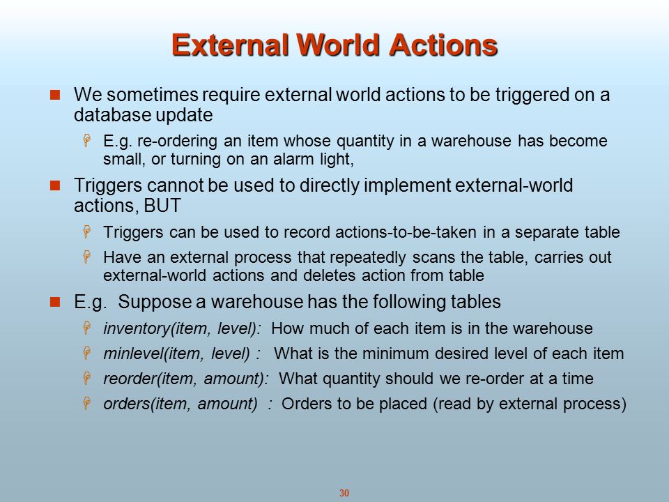 30 External World Actions We sometimes require external world actions to be triggered on a database update  E.g.