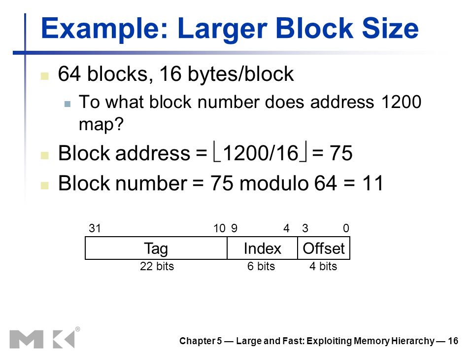 Chapter 5 — Large and Fast: Exploiting Memory Hierarchy — 16 Example: Larger Block Size 64 blocks, 16 bytes/block To what block number does address 1200 map.