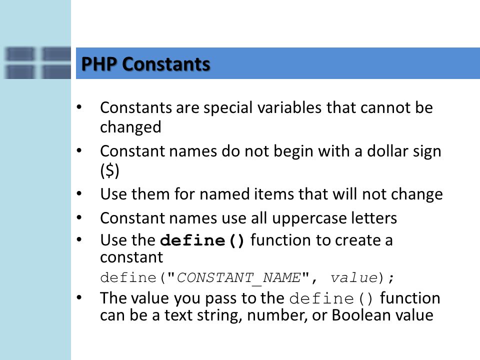 Creating PHP Pages Chapter 6 PHP Variables, Constants and Operators. - ppt  download