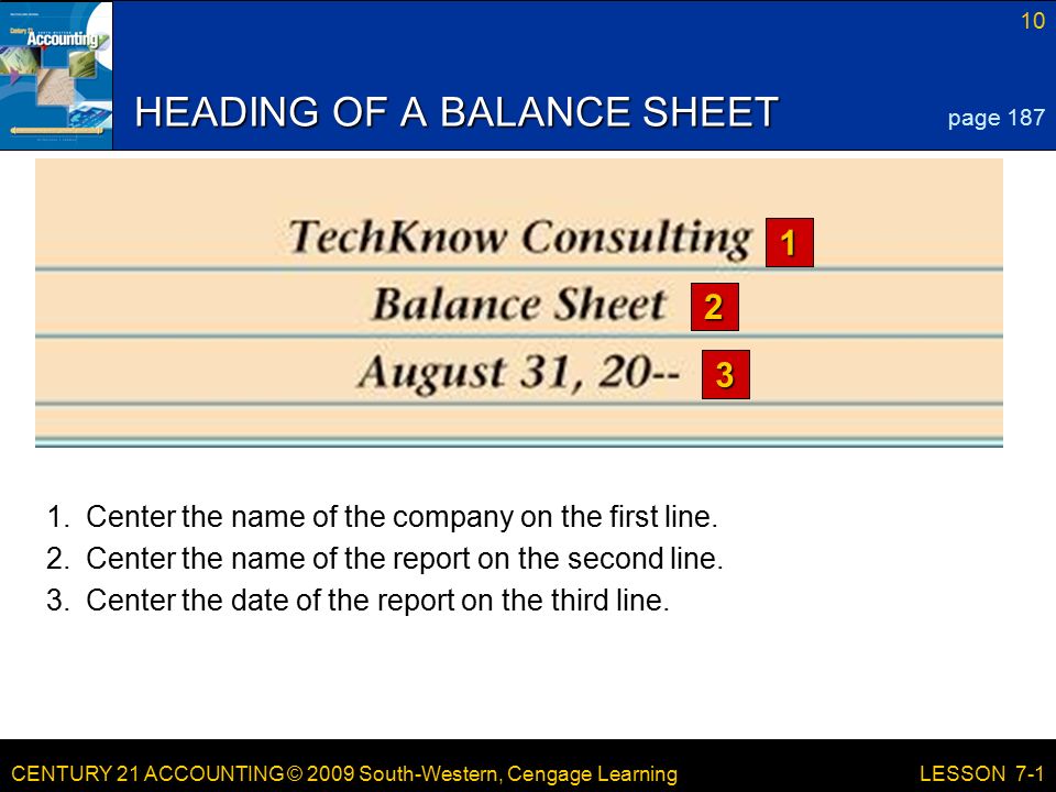 CENTURY 21 ACCOUNTING © 2009 South-Western, Cengage Learning 10 LESSON 7-1 HEADING OF A BALANCE SHEET page Center the name of the company on the first line.