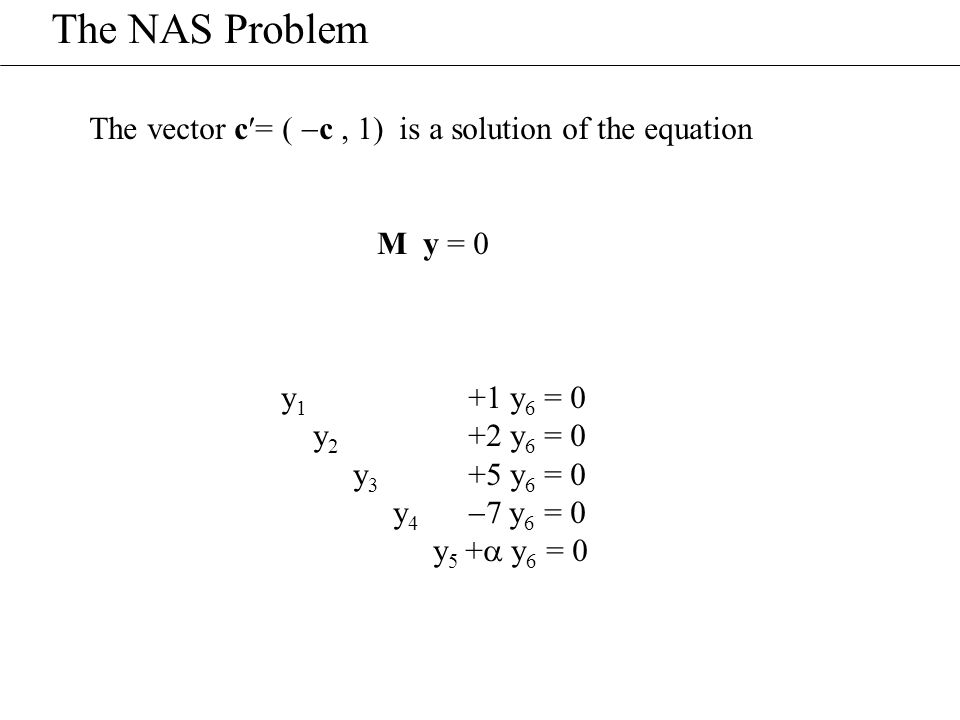 The NAS Problem The vector c= (  c, 1) is a solution of the equation M y = 0 y 1 +1 y 6 = 0 y 2 +2 y 6 = 0 y 3 +5 y 6 = 0 y 4  7 y 6 = 0 y 5 +  y 6 = 0