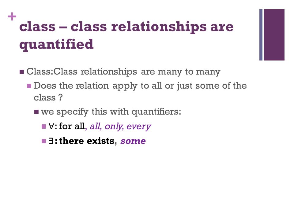 + class – class relationships are quantified Class:Class relationships are many to many Does the relation apply to all or just some of the class .
