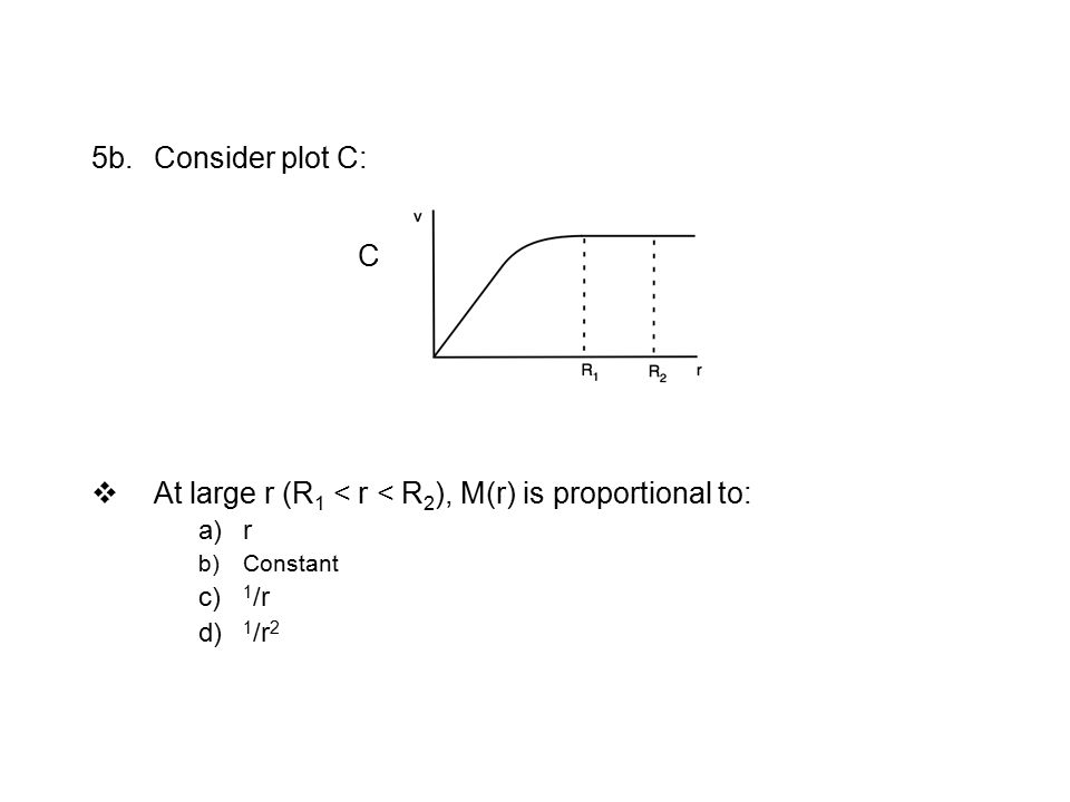 5b.Consider plot C:  At large r (R 1 < r < R 2 ), M(r) is proportional to: a)r b)Constant c) 1 /r d) 1 /r 2 C