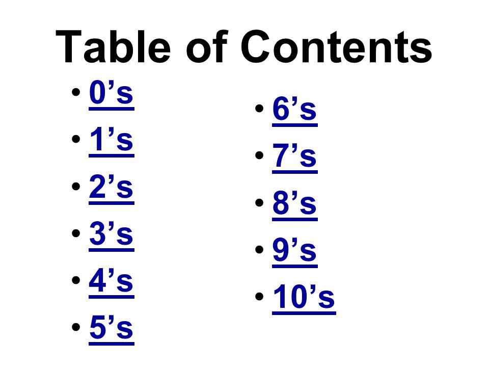 Table of Contents 0’s 1’s 2’s 3’s 4’s 5’s 6’s 7’s 8’s 9’s 10’s