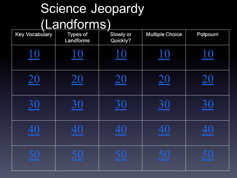 Science Jeopardy (Landforms) Key VocabularyTypes of Landforms Slowly or Quickly.