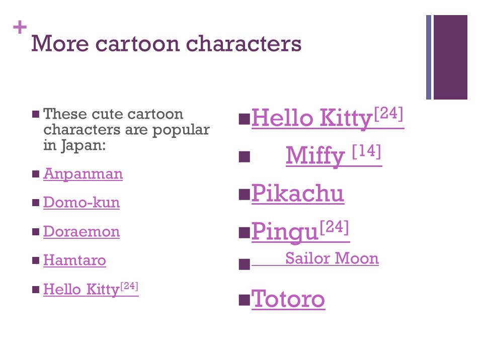 + More cartoon characters These cute cartoon characters are popular in Japan: Anpanman Domo-kun Doraemon Hamtaro Hello Kitty [24] Hello Kitty [24] Hello Kitty [24] Hello Kitty [24] Miffy [14] Miffy [14] Pikachu Pingu [24] Pingu [24] Sailor Moon Totoro
