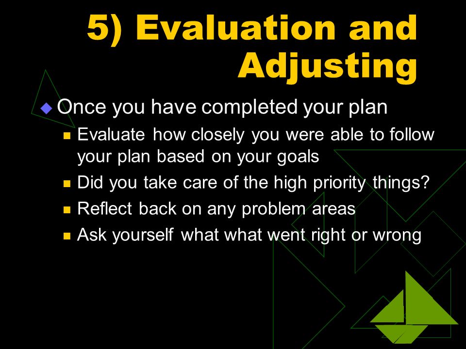 5) Evaluation and Adjusting  Once you have completed your plan Evaluate how closely you were able to follow your plan based on your goals Did you take care of the high priority things.