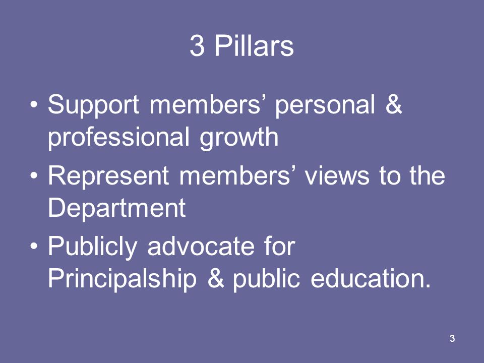 3 3 Pillars Support members’ personal & professional growth Represent members’ views to the Department Publicly advocate for Principalship & public education.