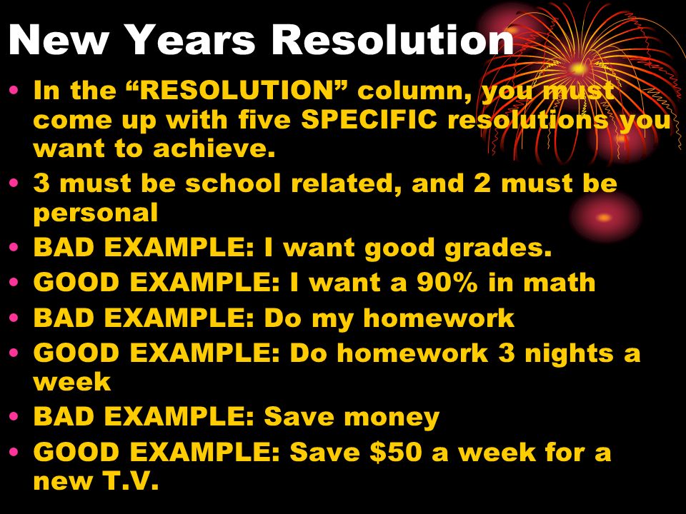 New Years Resolution In the RESOLUTION column, you must come up with five SPECIFIC resolutions you want to achieve.