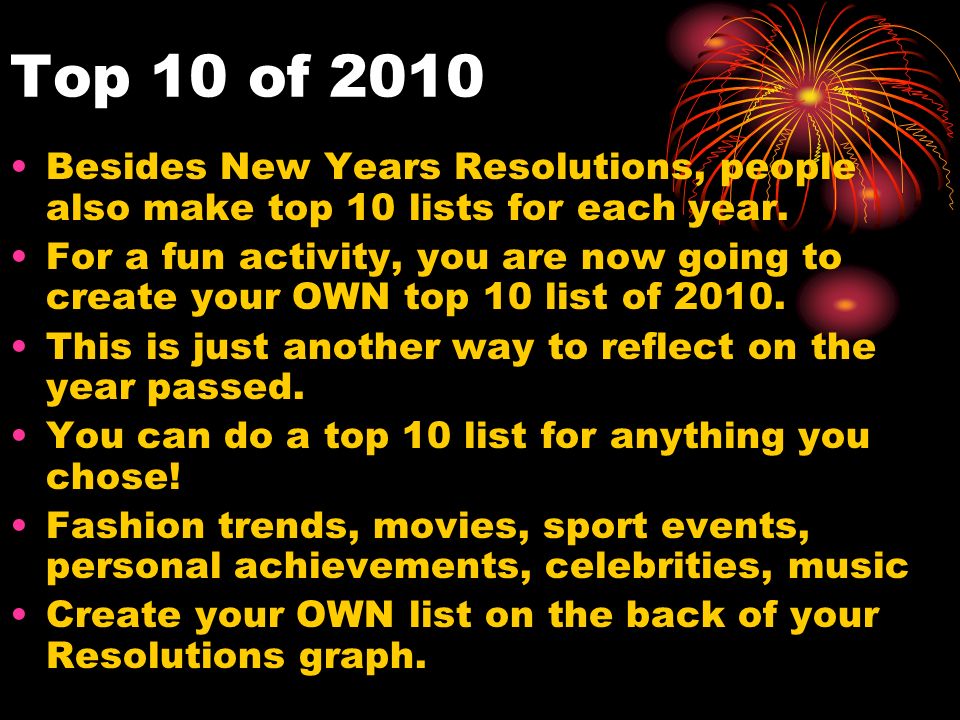 Top 10 of 2010 Besides New Years Resolutions, people also make top 10 lists for each year.