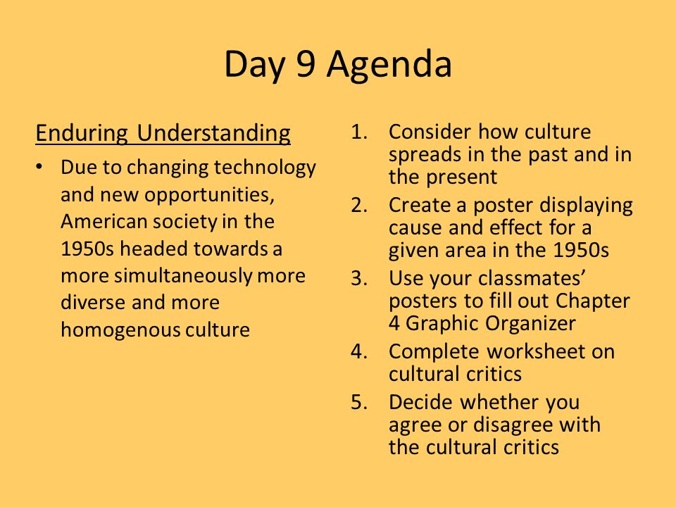 Day 9 Agenda Enduring Understanding Due to changing technology and new opportunities, American society in the 1950s headed towards a more simultaneously more diverse and more homogenous culture 1.Consider how culture spreads in the past and in the present 2.Create a poster displaying cause and effect for a given area in the 1950s 3.Use your classmates’ posters to fill out Chapter 4 Graphic Organizer 4.Complete worksheet on cultural critics 5.Decide whether you agree or disagree with the cultural critics