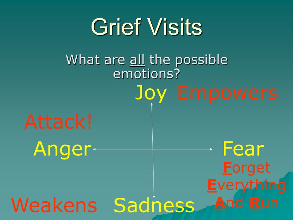 Grief Visits What are all the possible emotions. Joy Sadness AngerFear Empowers Weakens Attack.