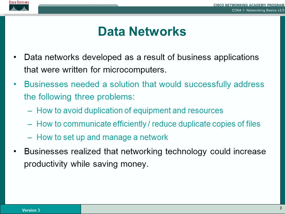 2 Version 3 Data Networks Data networks developed as a result of business applications that were written for microcomputers.