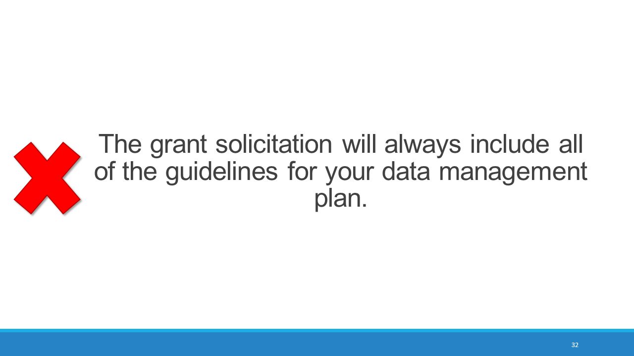 32 The grant solicitation will always include all of the guidelines for your data management plan.