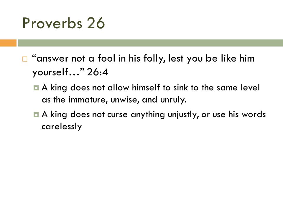 Proverbs 26  answer not a fool in his folly, lest you be like him yourself… 26:4  A king does not allow himself to sink to the same level as the immature, unwise, and unruly.