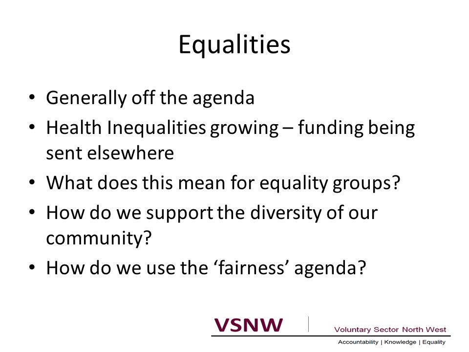 Equalities Generally off the agenda Health Inequalities growing – funding being sent elsewhere What does this mean for equality groups.