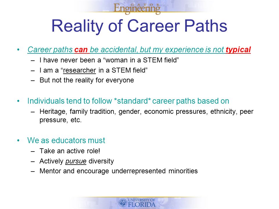 Reality of Career Paths Career paths can be accidental, but my experience is not typical –I have never been a woman in a STEM field –I am a researcher in a STEM field –But not the reality for everyone Individuals tend to follow *standard* career paths based on –Heritage, family tradition, gender, economic pressures, ethnicity, peer pressure, etc.