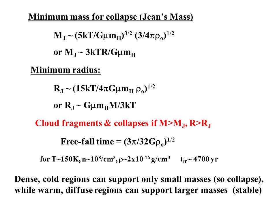 Minimum mass for collapse (Jean’s Mass) M J ~ (5kT/G  m H ) 3/2 (3/4  o ) 1/2 or M J ~ 3kTR/G  m H Minimum radius: R J ~ (15kT/4  G  m H  o ) 1/2 or R J ~ G  m H M/3kT Cloud fragments & collapses if M>M J, R>R J Free-fall time = (3  /32G  o ) 1/2 for T~150K, n~10 8 /cm 3,  ~2x g/cm 3 t ff ~ 4700 yr Dense, cold regions can support only small masses (so collapse), while warm, diffuse regions can support larger masses (stable)