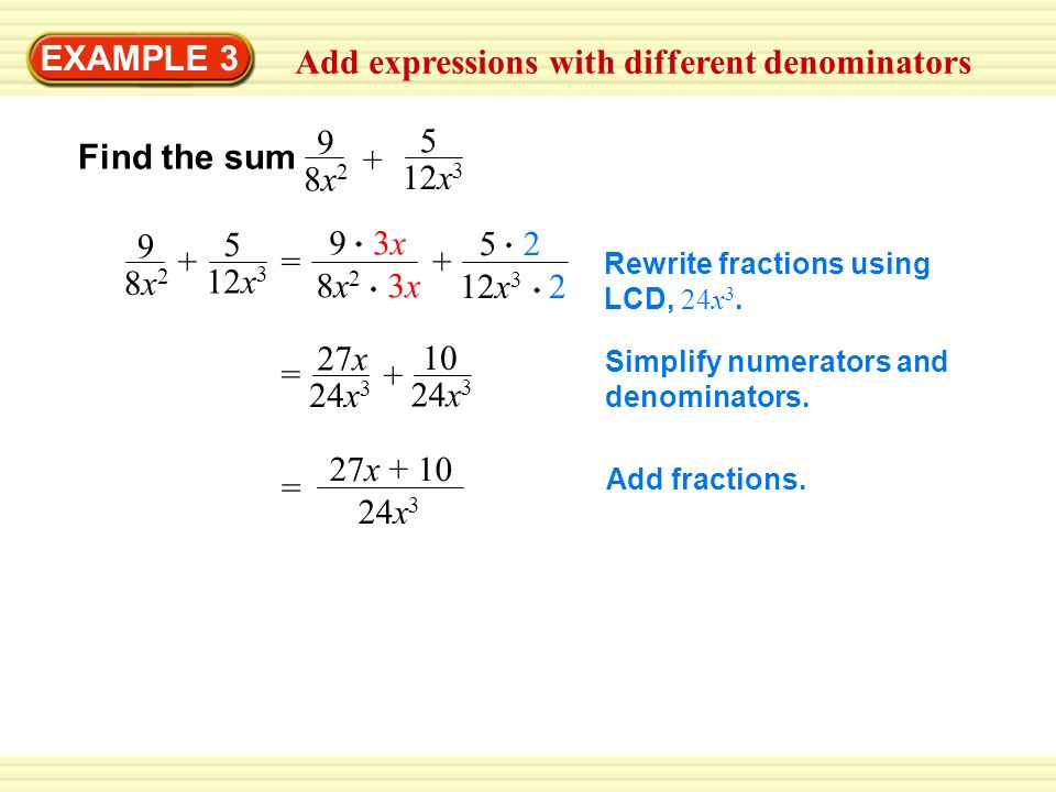 EXAMPLE 3 Add expressions with different denominators Find the sum 5 12x 3 9 8x28x x28x2 += 9 3x 8x 2 3x x 3 2 Rewrite fractions using LCD, 24x 3.