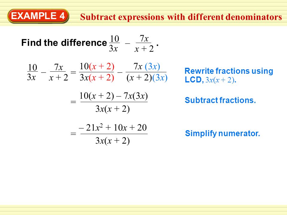 EXAMPLE 4 Subtract expressions with different denominators Find the difference –.