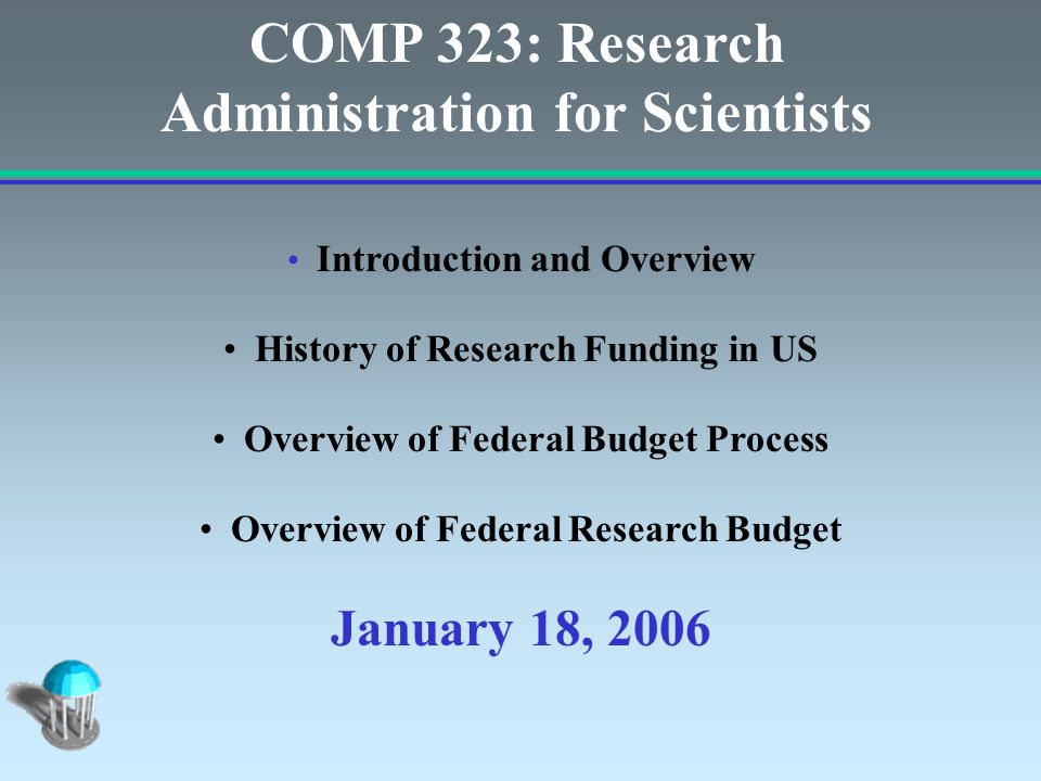 COMP 323: Research Administration for Scientists Introduction and Overview History of Research Funding in US Overview of Federal Budget Process Overview of Federal Research Budget January 18, 2006