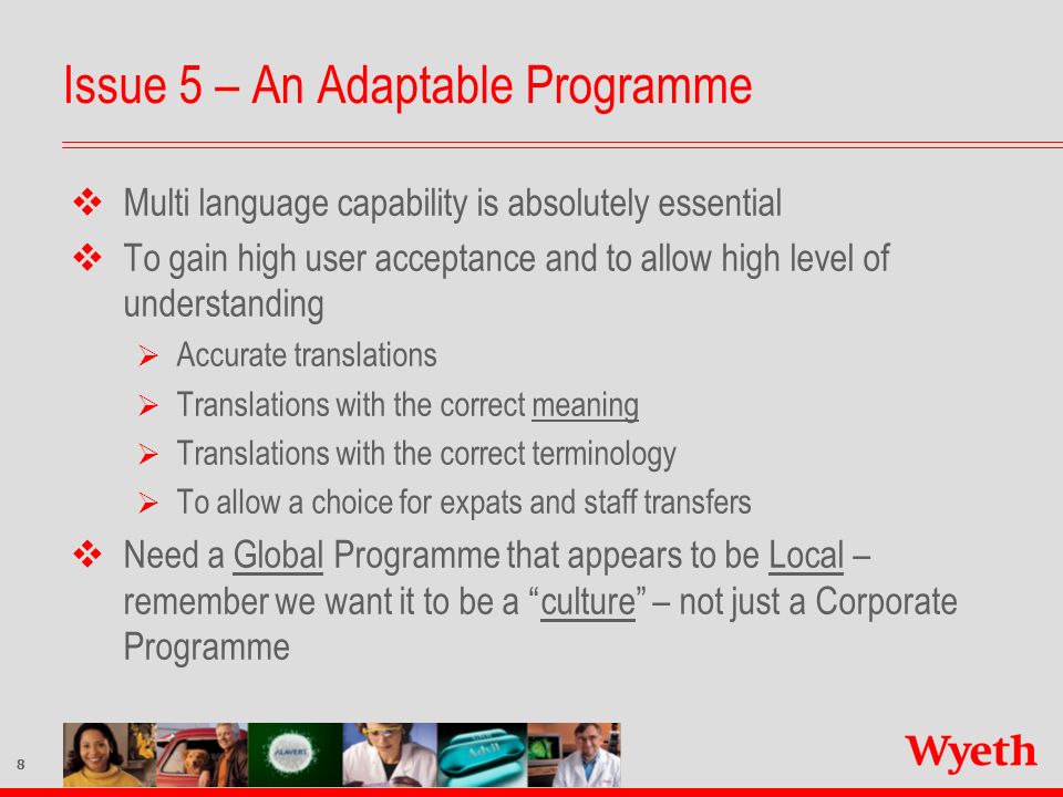 8 Issue 5 – An Adaptable Programme  Multi language capability is absolutely essential  To gain high user acceptance and to allow high level of understanding  Accurate translations  Translations with the correct meaning  Translations with the correct terminology  To allow a choice for expats and staff transfers  Need a Global Programme that appears to be Local – remember we want it to be a culture – not just a Corporate Programme