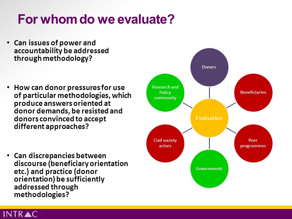 For whom do we evaluate. Can issues of power and accountability be addressed through methodology.