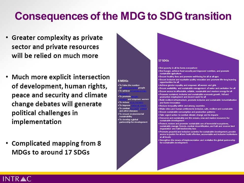 Consequences of the MDG to SDG transition Greater complexity as private sector and private resources will be relied on much more Much more explicit intersection of development, human rights, peace and security and climate change debates will generate political challenges in implementation Complicated mapping from 8 MDGs to around 17 SDGs 8 MDGs To halve the number of undernourished peopleundernourished To achieve universal primary educationuniversal primary education To promote gender equality and empower womengender equality To reduce child mortalitychild mortality To improve maternal healthmaternal health To combat HIV/AIDS, malaria, and other diseasesHIV/AIDSmalaria To ensure environmental sustainability To develop a global partnership for development 17 SDGs End poverty in all its forms everywhere End hunger, achieve food security and improved nutrition, and promote sustainable agriculture Ensure healthy lives and promote well-being for all at all ages Ensure inclusive and equitable quality education and promote life-long learning opportunities for all Achieve gender equality and empower all women and girls Ensure availability and sustainable management of water and sanitation for all Ensure access to affordable, reliable, sustainable and modern energy for all Promote sustained, inclusive and sustainable economic growth, full and productive employment and decent work for all Build resilient infrastructure, promote inclusive and sustainable industrialisation and foster innovation Reduce inequality within and among countries Make cities and human settlements inclusive, safe, resilient and sustainable Ensure sustainable consumption and production patterns Take urgent action to combat climate change and its impacts Conserve and sustainably use the oceans, seas and marine resources for sustainable development Protect, restore and promote sustainable use of terrestrial ecosystems, sustainably manage forests, combat desertification, and halt and reverse land degradation and halt biodiversity loss Promote peaceful and inclusive societies for sustainable development, provide access to justice for all and build effective, accountable and inclusive institutions at all levels Strengthen the means of implementation and revitalise the global partnership for sustainable development.
