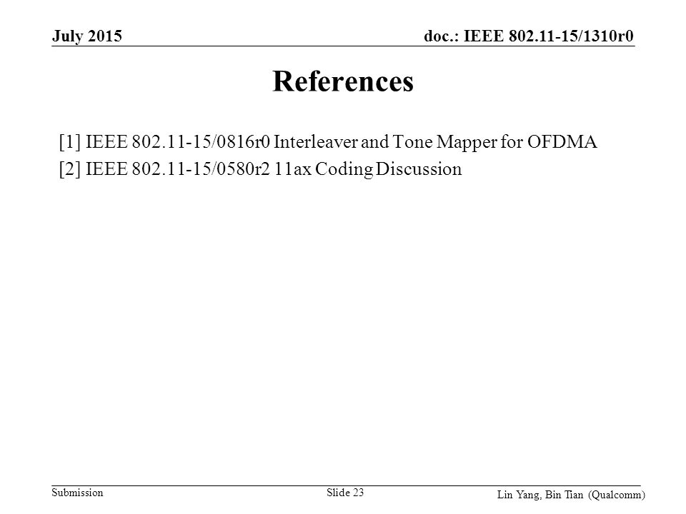 doc.: IEEE /1310r0 Submission References [1] IEEE /0816r0 Interleaver and Tone Mapper for OFDMA [2] IEEE /0580r2 11ax Coding Discussion Slide 23 July 2015 Lin Yang, Bin Tian (Qualcomm)