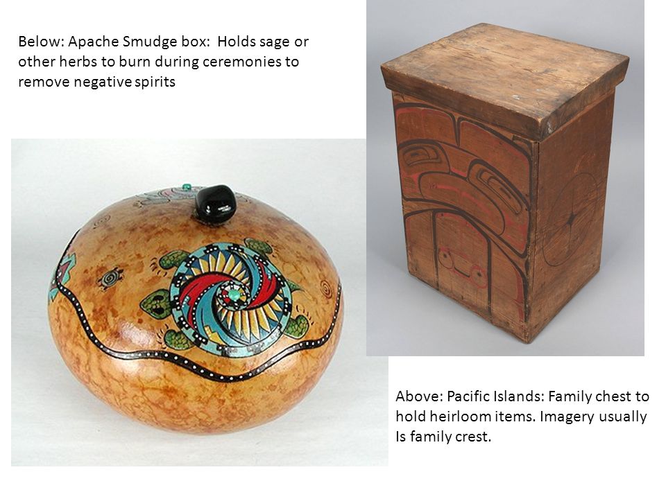 Below: Apache Smudge box: Holds sage or other herbs to burn during ceremonies to remove negative spirits Above: Pacific Islands: Family chest to hold heirloom items.
