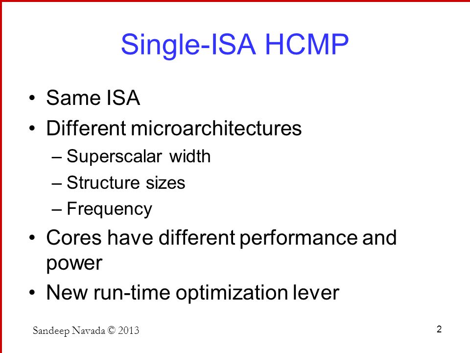 Single-ISA HCMP Same ISA Different microarchitectures –Superscalar width –Structure sizes –Frequency Cores have different performance and power New run-time optimization lever Sandeep Navada ©