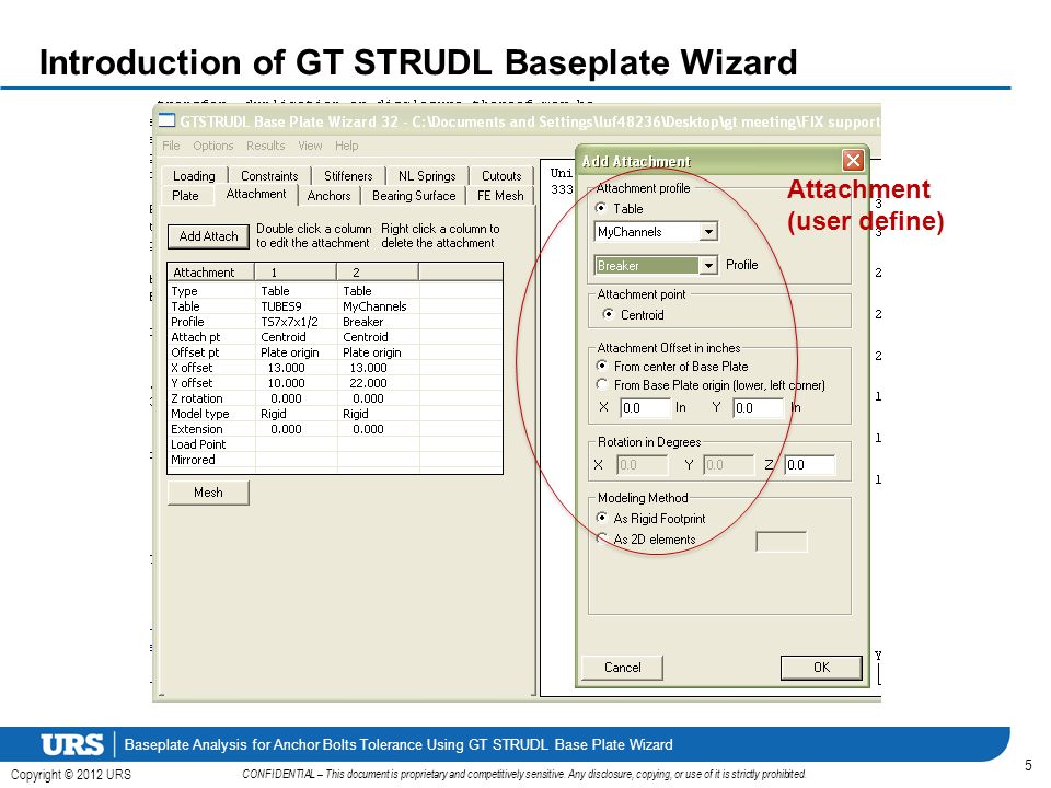 Baseplate Analysis for Anchor Bolts Tolerance Using GT STRUDL Base Plate Wizard Copyright © 2012 URS CONFIDENTIAL – This document is proprietary and competitively sensitive.