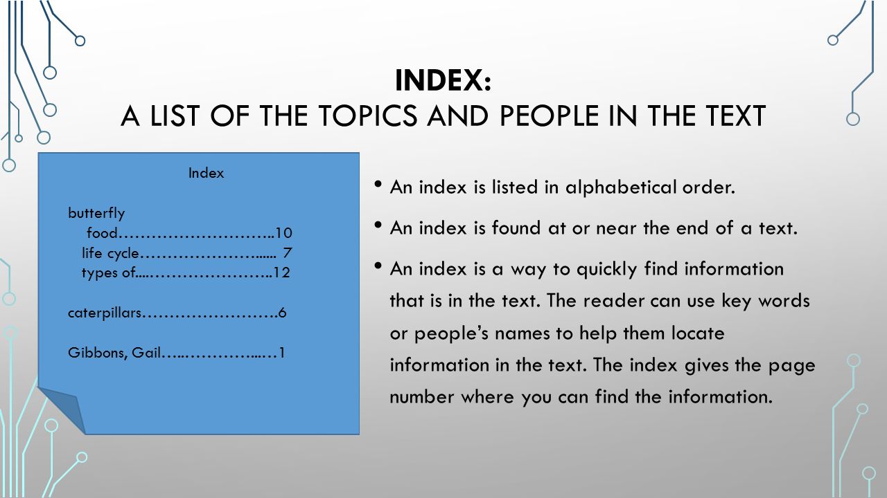 INDEX: A LIST OF THE TOPICS AND PEOPLE IN THE TEXT An index is listed in alphabetical order.