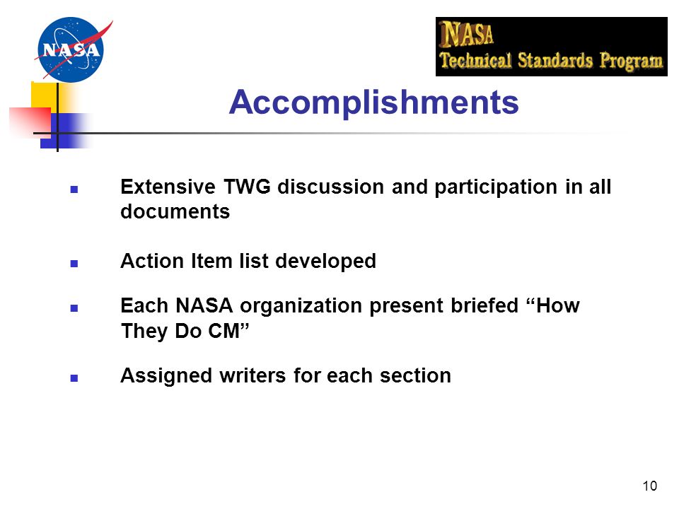 10 Accomplishments Extensive TWG discussion and participation in all documents Action Item list developed Each NASA organization present briefed How They Do CM Assigned writers for each section