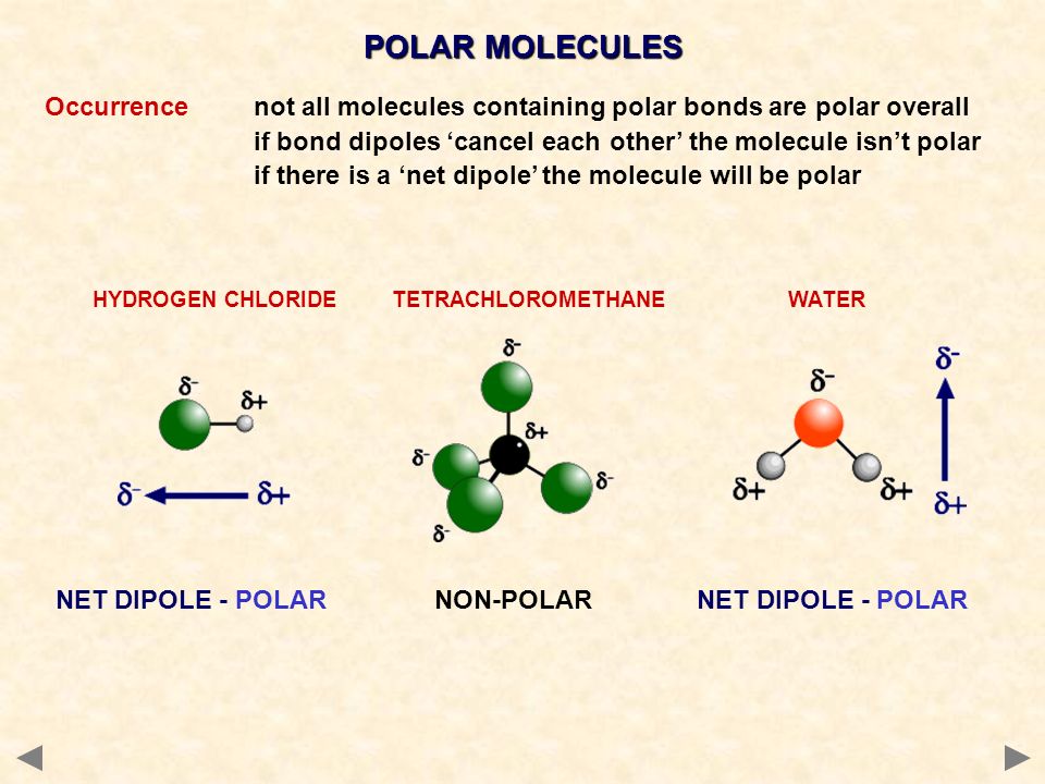 Occurrencenot all molecules containing polar bonds are polar overall if bond dipoles ‘cancel each other’ the molecule isn’t polar if there is a ‘net dipole’ the molecule will be polar HYDROGEN CHLORIDE TETRACHLOROMETHANE WATER POLAR MOLECULES NET DIPOLE - POLAR NON-POLAR NET DIPOLE - POLAR