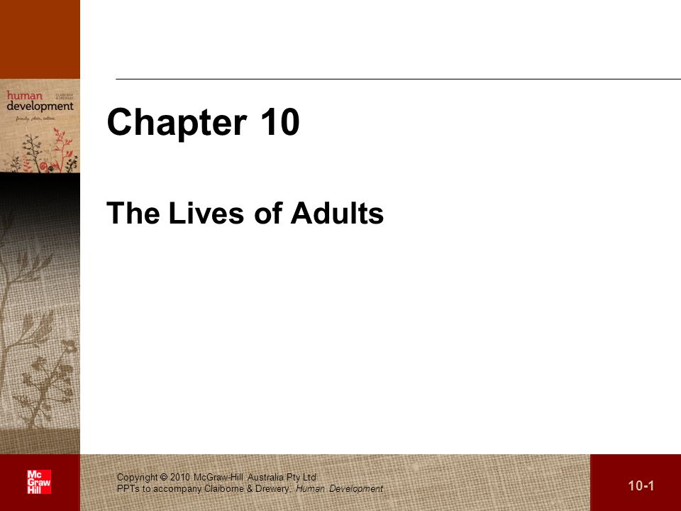 . Chapter 10 The Lives of Adults Copyright  2010 McGraw-Hill Australia Pty Ltd PPTs to accompany Claiborne & Drewery, Human Development 10-1