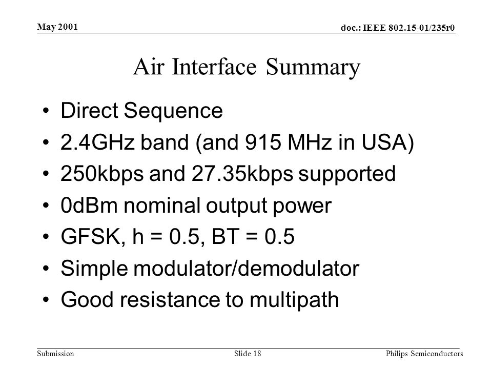 doc.: IEEE /235r0 Submission May 2001 Philips SemiconductorsSlide 18 Air Interface Summary Direct Sequence 2.4GHz band (and 915 MHz in USA) 250kbps and 27.35kbps supported 0dBm nominal output power GFSK, h = 0.5, BT = 0.5 Simple modulator/demodulator Good resistance to multipath