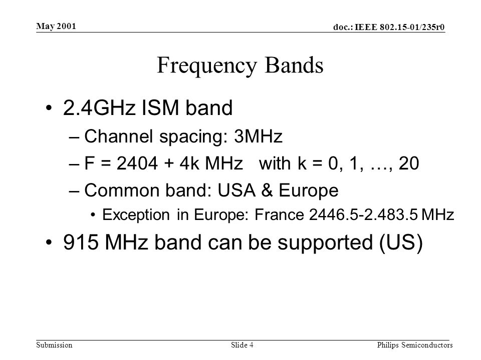 doc.: IEEE /235r0 Submission May 2001 Philips SemiconductorsSlide 4 Frequency Bands 2.4GHz ISM band –Channel spacing: 3MHz –F = k MHz with k = 0, 1, …, 20 –Common band: USA & Europe Exception in Europe: France MHz 915 MHz band can be supported (US)