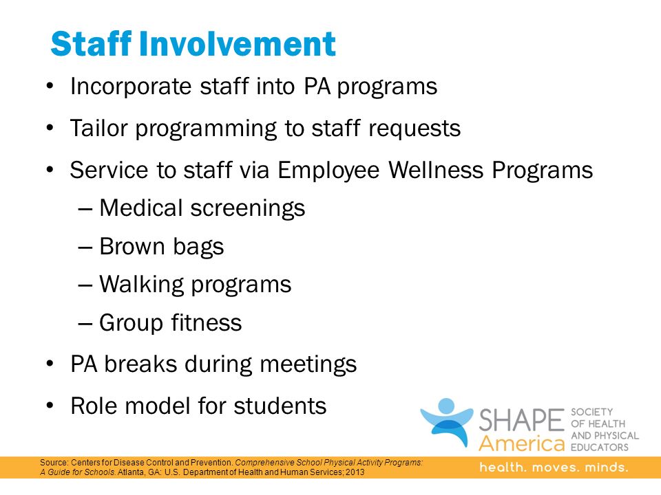 Staff Involvement Incorporate staff into PA programs Tailor programming to staff requests Service to staff via Employee Wellness Programs – Medical screenings – Brown bags – Walking programs – Group fitness PA breaks during meetings Role model for students Source: Centers for Disease Control and Prevention.
