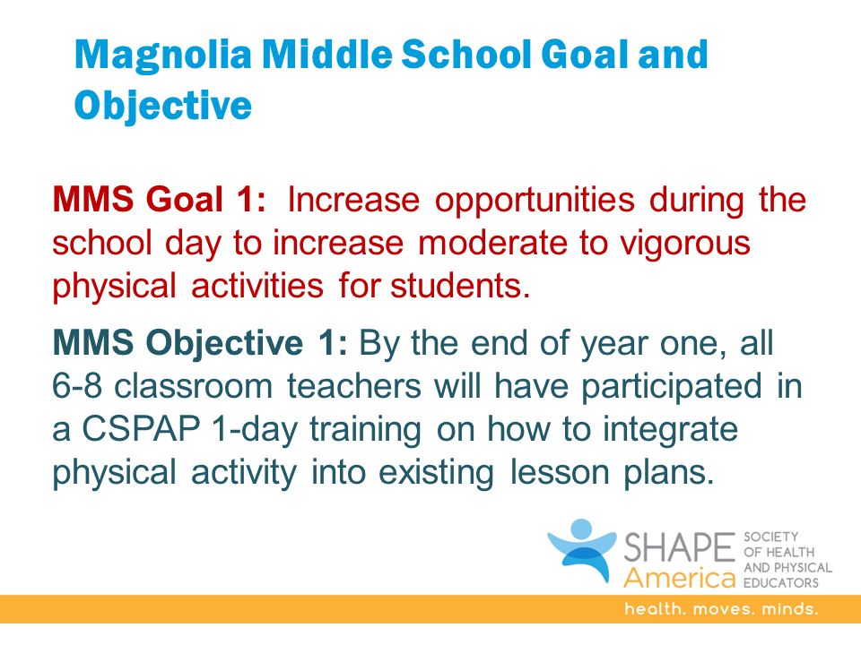 Magnolia Middle School Goal and Objective MMS Goal 1: Increase opportunities during the school day to increase moderate to vigorous physical activities for students.