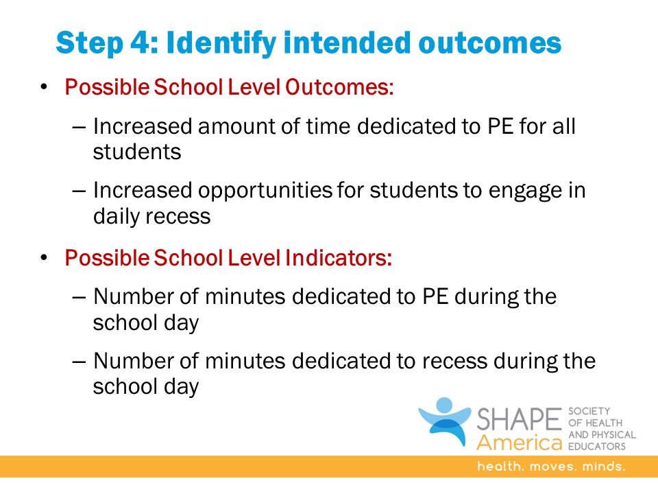 Step 4: Identify intended outcomes Possible School Level Outcomes: – Increased amount of time dedicated to PE for all students – Increased opportunities for students to engage in daily recess Possible School Level Indicators: – Number of minutes dedicated to PE during the school day – Number of minutes dedicated to recess during the school day