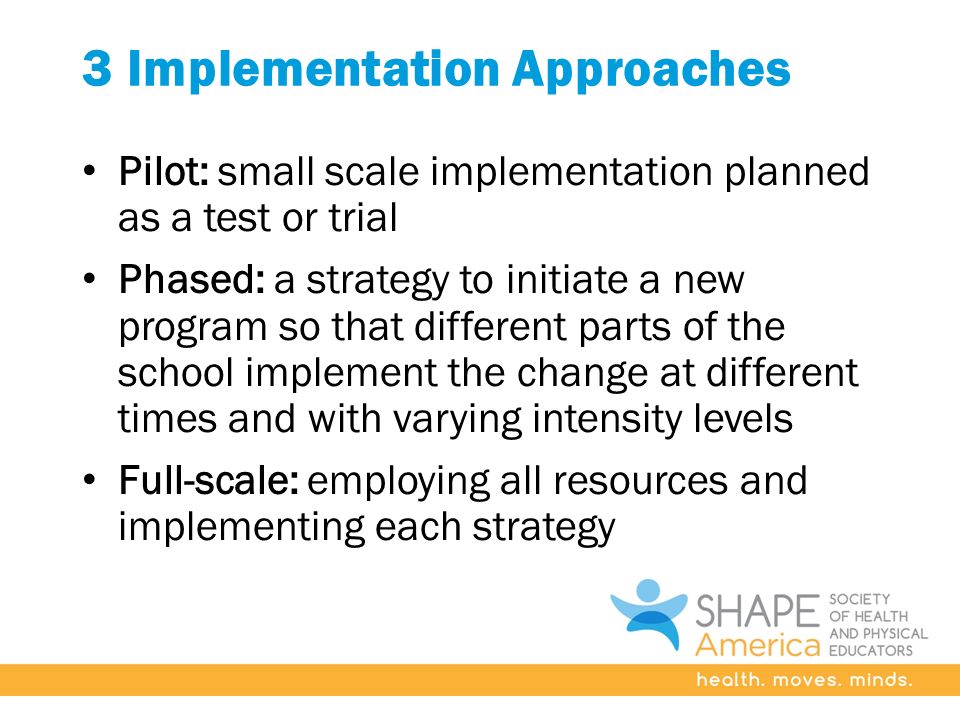 3 Implementation Approaches Pilot: small scale implementation planned as a test or trial Phased: a strategy to initiate a new program so that different parts of the school implement the change at different times and with varying intensity levels Full-scale: employing all resources and implementing each strategy