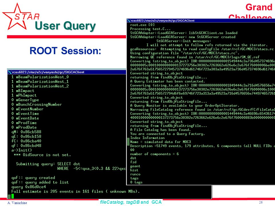 26 fileCatalog, tagDB and GCA A. Vaniachine Grand Challenge User Query ROOT Session: