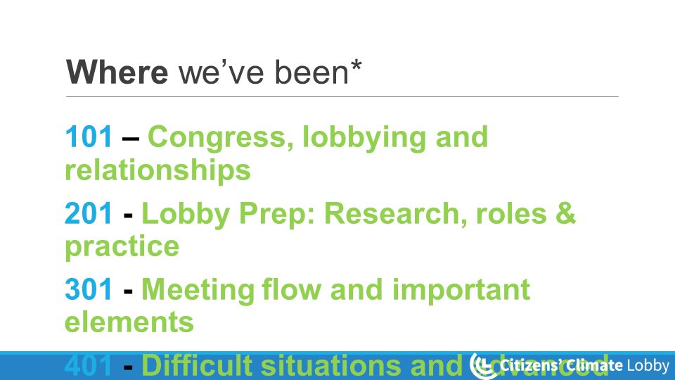 Where we’ve been* 101 – Congress, lobbying and relationships Lobby Prep: Research, roles & practice Meeting flow and important elements Difficult situations and advanced skills * community.citizensclimatelobby.org/cclu/